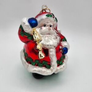 Vintage Santa Claus Christmas Ornament Glass Red Green White Glitter Jingle Bell